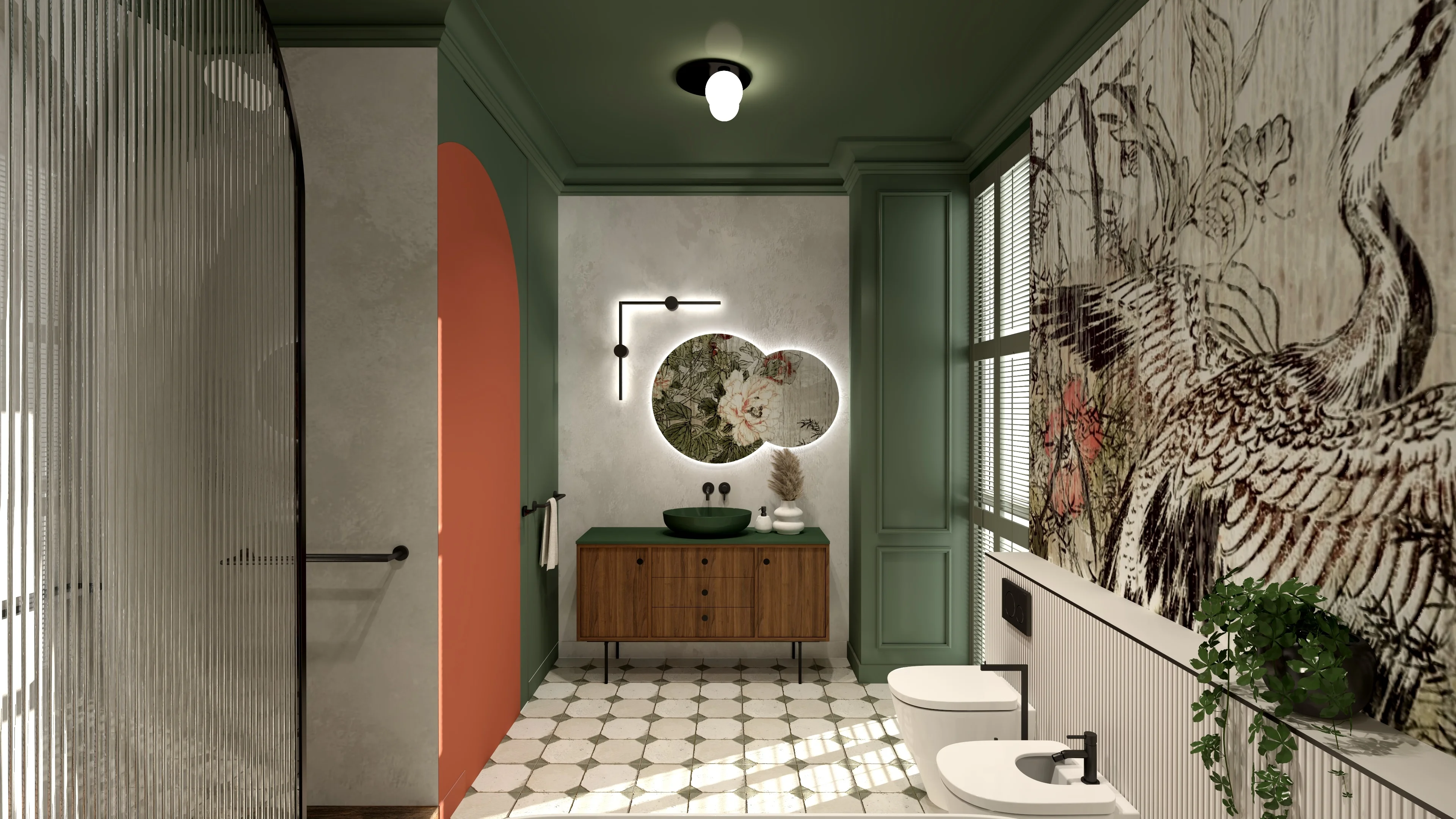 Chinoiserie Dark Maximalism — Zieleń, Koral i Żurawie