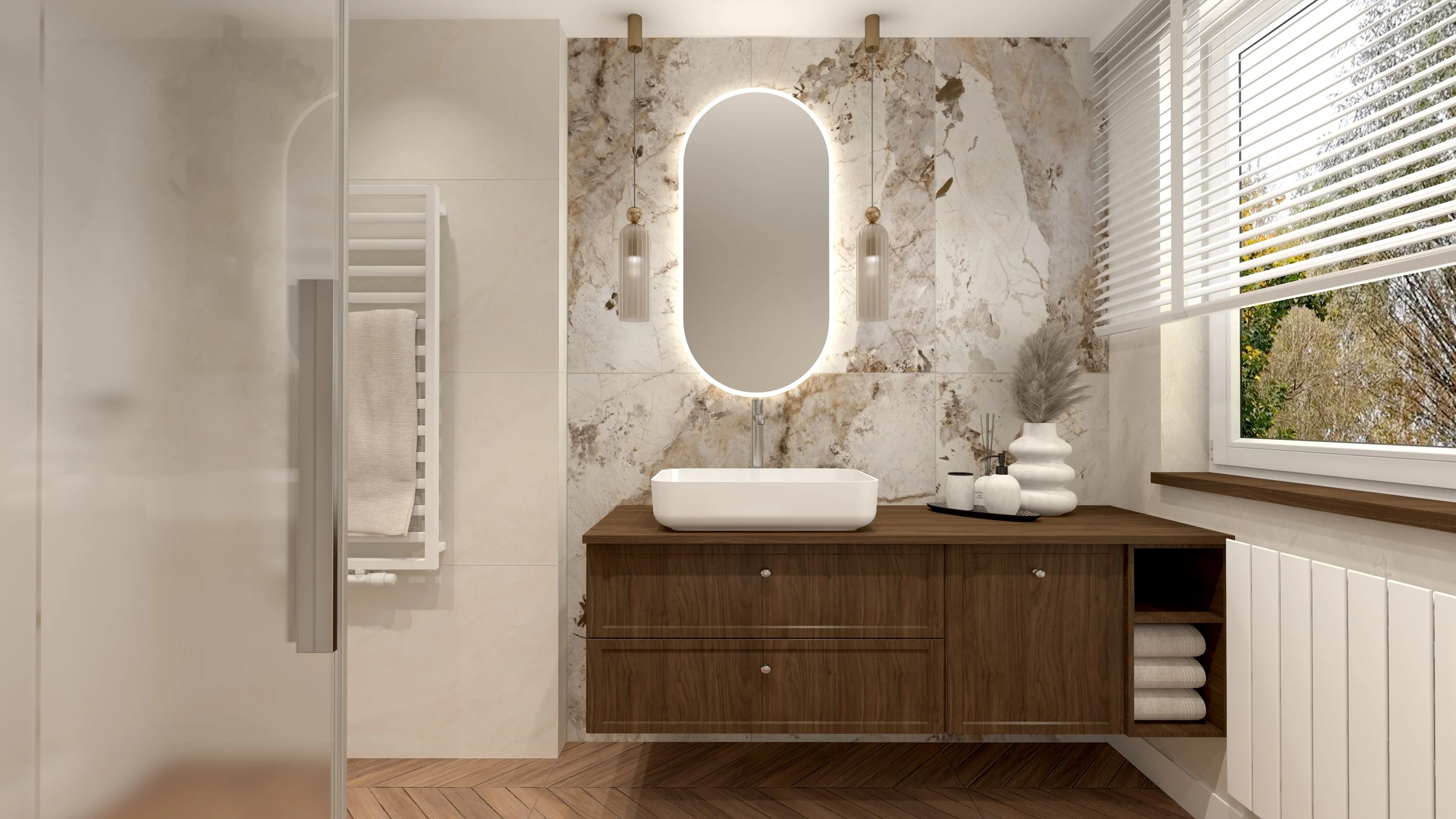 Warm Luxury Japandi — Breccia Aurora i Jodełka Dębowa