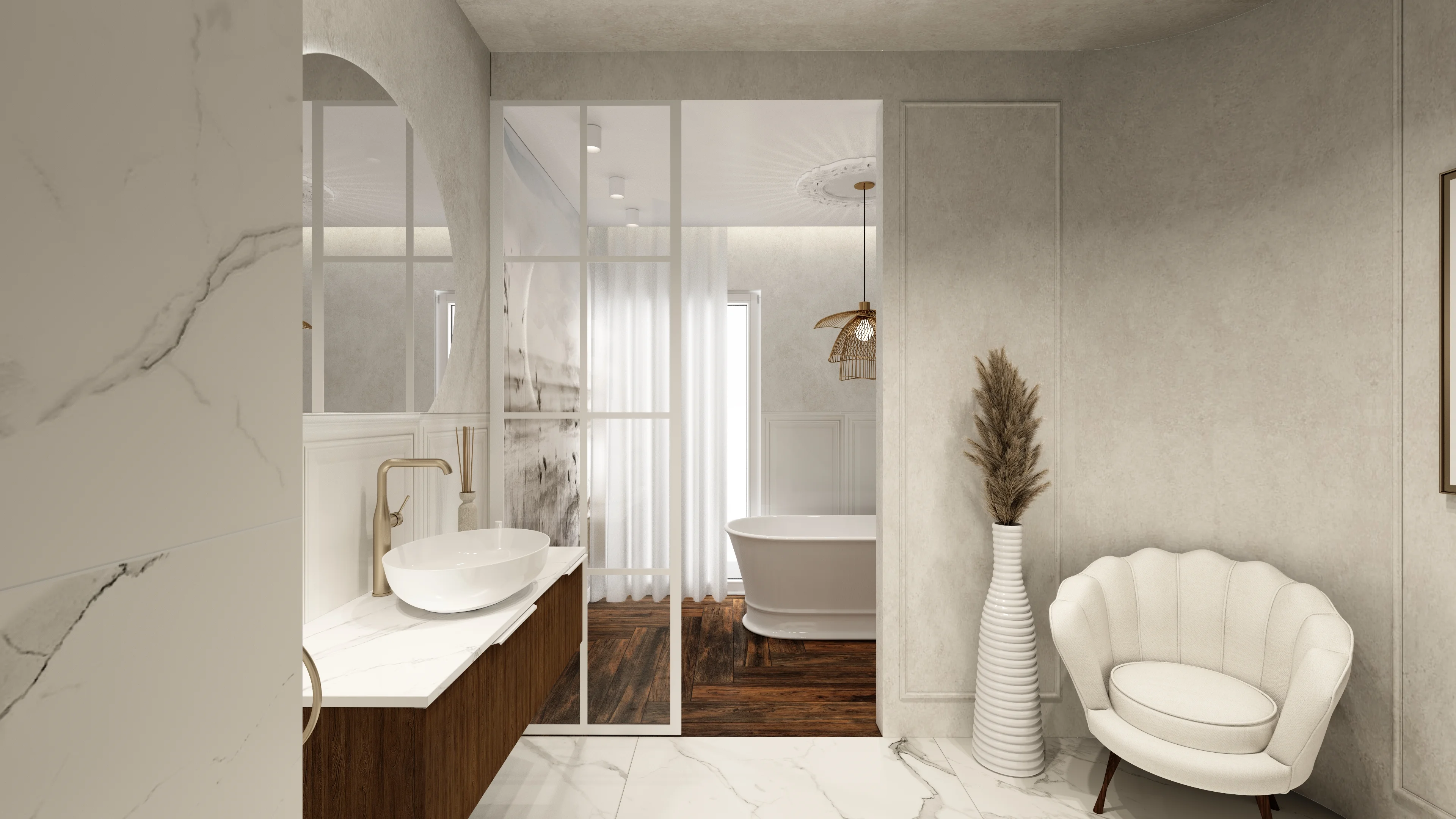 French Boudoir Luxury — Crittall, Boiserie i Ciemny Orzech