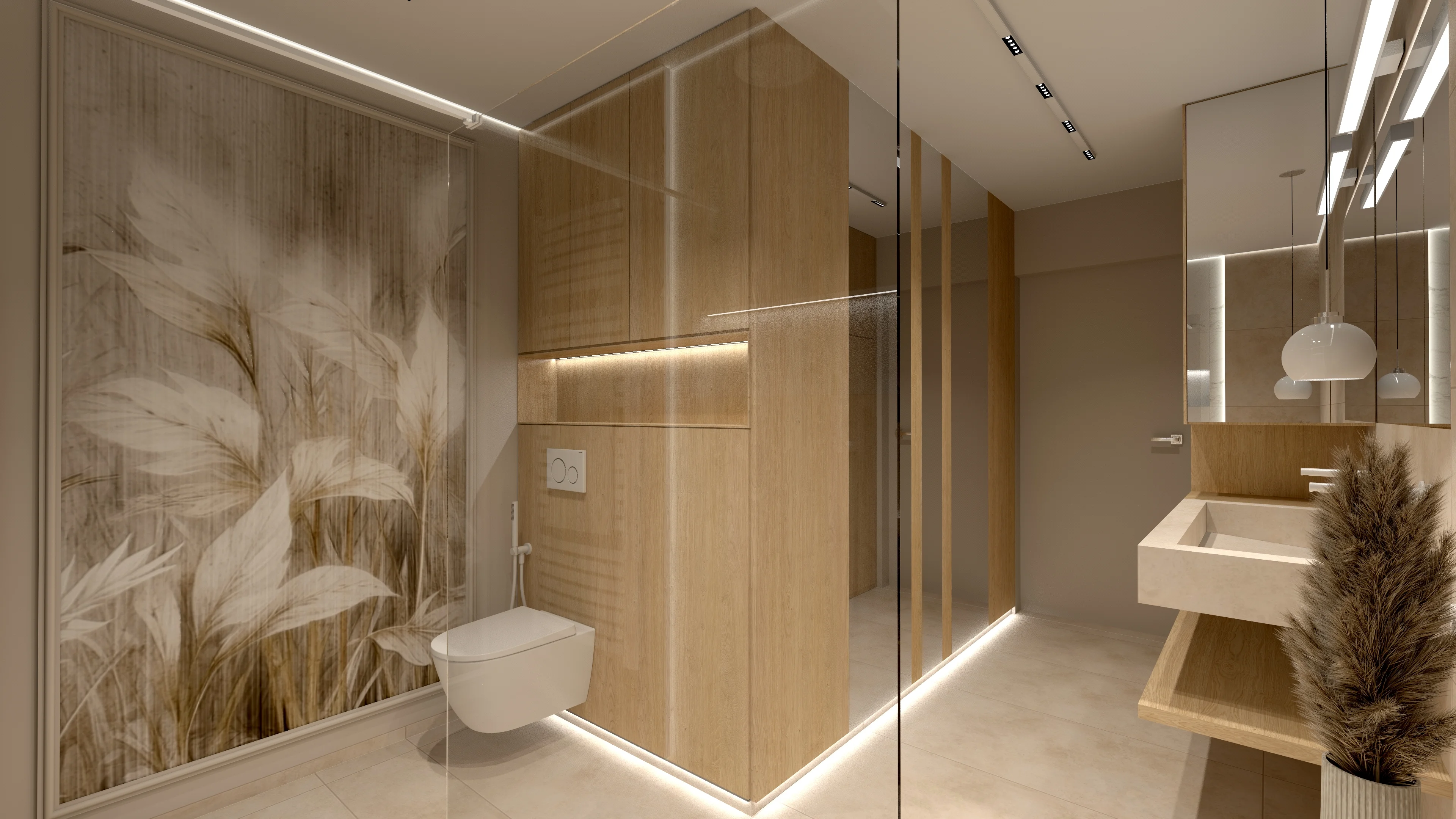 Japandi Botanical Studio — Mural Botaniczny za Szkłem i Dębowa Kubatura