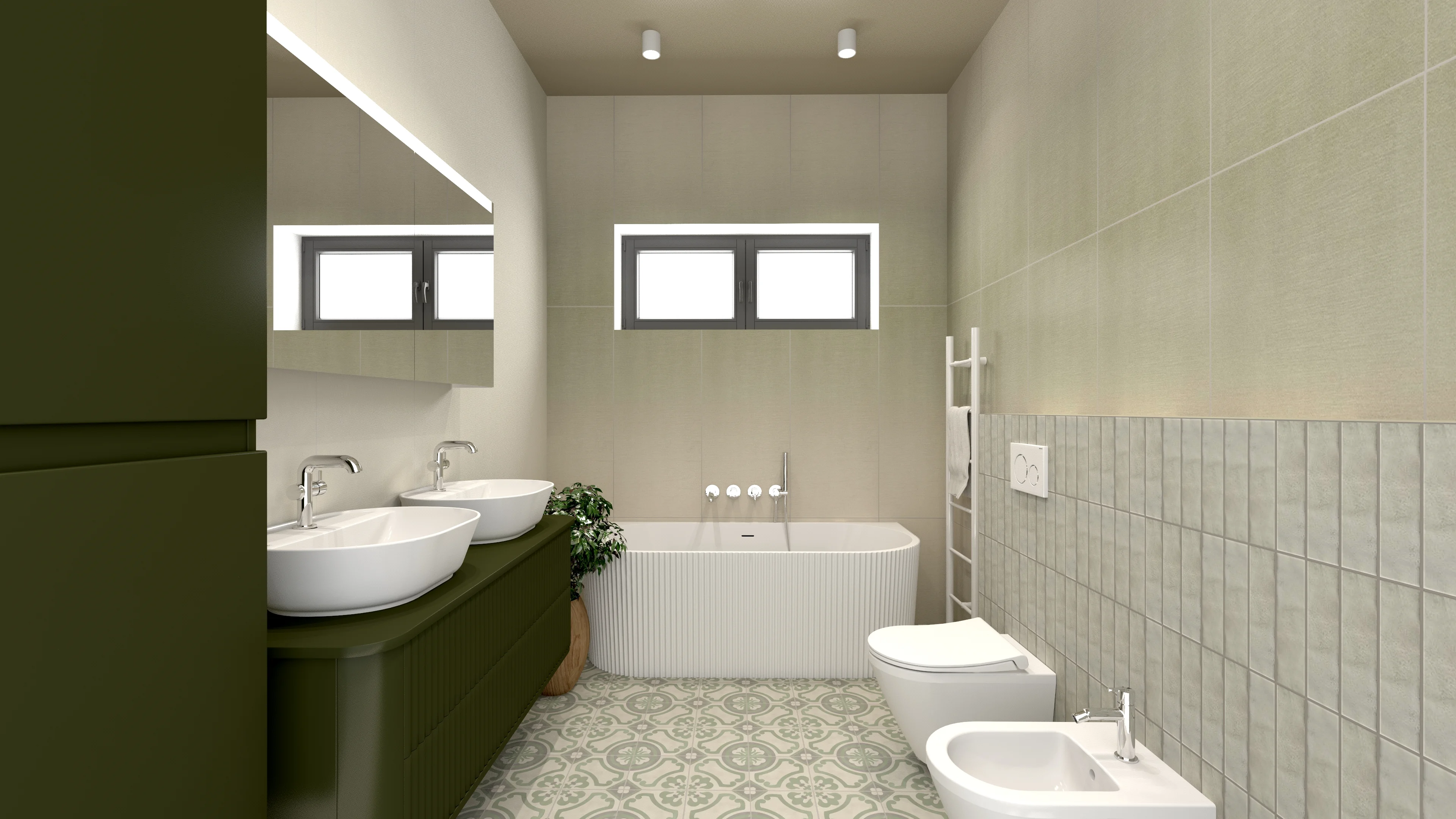 Mediterranean Botanical — Oliwkowa Ryflowana Szafka i Kwiatowe Płytki Cementowe