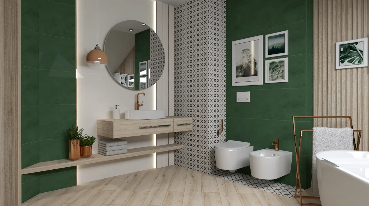 Boho Botanical Eclectic — Zieleń, X-Pattern i Miedziana Armatura